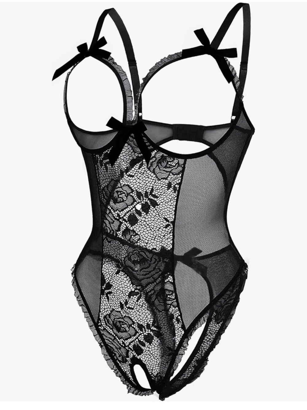 New! Avidlove Lace Open-Bust Crotchless Teddy Bodysuit with Bow Accents - Picture 3 of 9